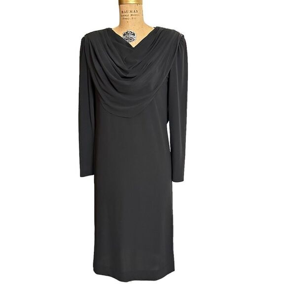 Vintage 80s Ricki Lang Draping Neck and Back Black Dress - Picture 2 of 12